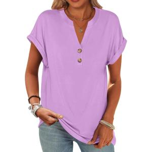 imageANRABESS Womens Short Sleeve Henley Tops V Neck Dressy Casual Blouses Summer Trendy Tee Shirts 2026 Vacation Fashion ClothesLight Purple