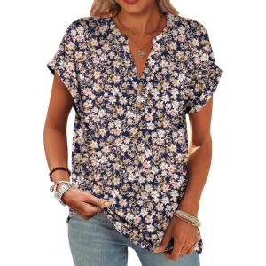 imageANRABESS Womens Short Sleeve Henley Tops V Neck Dressy Casual Blouses Summer Trendy Tee Shirts 2026 Vacation Fashion ClothesNavy Blue Pink Floral