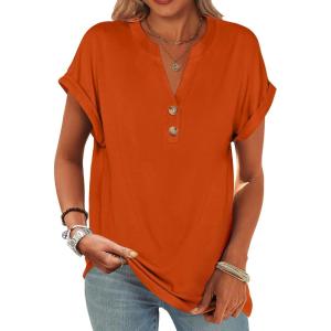 imageANRABESS Womens Short Sleeve Henley Tops V Neck Dressy Casual Blouses Summer Trendy Tee Shirts 2026 Vacation Fashion ClothesOrange
