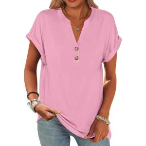 imageANRABESS Womens Short Sleeve Henley Tops V Neck Dressy Casual Blouses Summer Trendy Tee Shirts 2026 Vacation Fashion ClothesPink