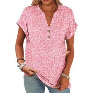 imageANRABESS Womens Short Sleeve Henley Tops V Neck Dressy Casual Blouses Summer Trendy Tee Shirts 2026 Vacation Fashion ClothesPink White Floral