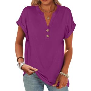 imageANRABESS Womens Short Sleeve Henley Tops V Neck Dressy Casual Blouses Summer Trendy Tee Shirts 2026 Vacation Fashion ClothesPurple