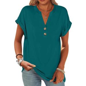 imageANRABESS Womens Short Sleeve Henley Tops V Neck Dressy Casual Blouses Summer Trendy Tee Shirts 2026 Vacation Fashion ClothesTeal