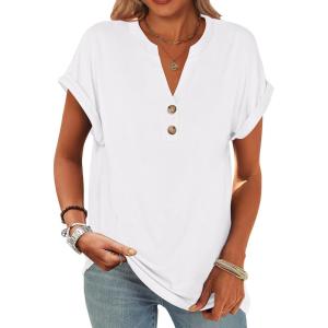 imageANRABESS Womens Short Sleeve Henley Tops V Neck Dressy Casual Blouses Summer Trendy Tee Shirts 2026 Vacation Fashion ClothesWhite