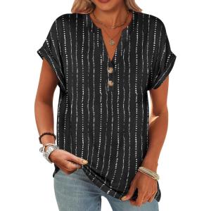 imageANRABESS Womens Short Sleeve Henley Tops V Neck Dressy Casual Blouses Summer Trendy Tee Shirts 2026 Vacation Fashion ClothesWhite Black Strip