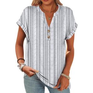 imageANRABESS Womens Short Sleeve Henley Tops V Neck Dressy Casual Blouses Summer Trendy Tee Shirts 2026 Vacation Fashion ClothesWhite Grey Strip