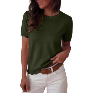 imageANRABESS Womens Short Sleeve Sweater Summer Sweaters Top Dressy Scalloped Loose Business Casual Vacation Outfits 2026Army Green