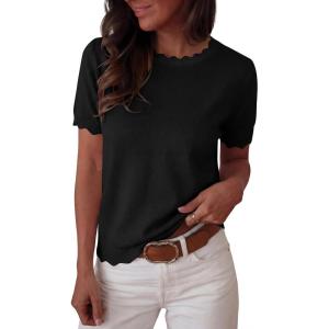 imageANRABESS Womens Short Sleeve Sweater Summer Sweaters Top Dressy Scalloped Loose Business Casual Vacation Outfits 2026Black