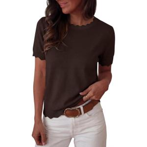 imageANRABESS Womens Short Sleeve Sweater Summer Sweaters Top Dressy Scalloped Loose Business Casual Vacation Outfits 2026Chocolate Brown