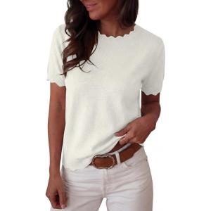 imageANRABESS Womens Short Sleeve Sweater Summer Sweaters Top Dressy Scalloped Loose Business Casual Vacation Outfits 2026Cream White
