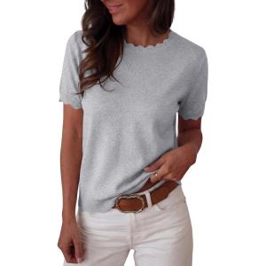 imageANRABESS Womens Short Sleeve Sweater Summer Sweaters Top Dressy Scalloped Loose Business Casual Vacation Outfits 2026Grey
