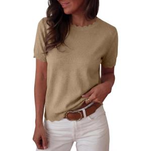 imageANRABESS Womens Short Sleeve Sweater Summer Sweaters Top Dressy Scalloped Loose Business Casual Vacation Outfits 2026Khaki