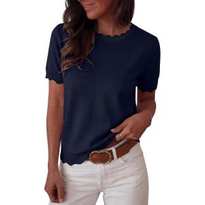 imageANRABESS Womens Short Sleeve Sweater Summer Sweaters Top Dressy Scalloped Loose Business Casual Vacation Outfits 2026Navy Blue