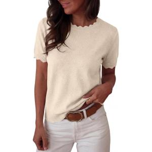 imageANRABESS Womens Short Sleeve Sweater Summer Sweaters Top Dressy Scalloped Loose Business Casual Vacation Outfits 2026Parchment