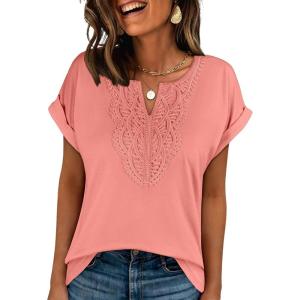 imageANRABESS Womens Short Sleeve Tops Boho V Neck Lace Shirts Dressy Casual Blouses Summer Cute Tunic 2026 Trendy Fashion ClothesCoral
