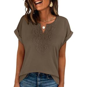 imageANRABESS Womens Short Sleeve Tops Boho V Neck Lace Shirts Dressy Casual Blouses Summer Cute Tunic 2026 Trendy Fashion ClothesGray Taupe