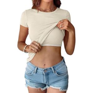 imageANRABESS Womens Short Sleeve Tops Built in Bra 2026 Summer T Shirts Slim Fitted Going Out Y2K Basic Tee Vacation ClothesBeige