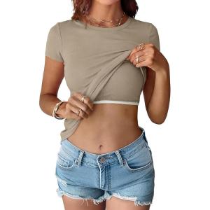 imageANRABESS Womens Short Sleeve Tops Built in Bra 2026 Summer T Shirts Slim Fitted Going Out Y2K Basic Tee Vacation ClothesKhaki