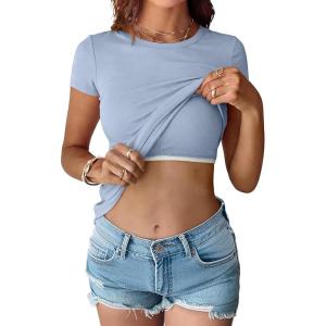 imageANRABESS Womens Short Sleeve Tops Built in Bra 2026 Summer T Shirts Slim Fitted Going Out Y2K Basic Tee Vacation ClothesLight Blue