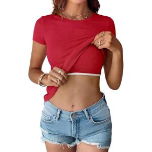 imageANRABESS Womens Short Sleeve Tops Built in Bra 2026 Summer T Shirts Slim Fitted Going Out Y2K Basic Tee Vacation ClothesRed