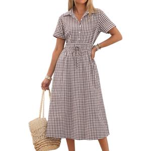 imageANRABESS Womens Summer Midi Dress Short Sleeve Striped Plaid Button Collar Shirt Dresses 2026 Casual Beach Vacation ClothesBrown White Plaid