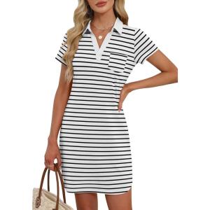 imageANRABESS Womens T Shirt Dresses Summer 2026 Casual Short Sleeve V Neck Mini Shift Dress Spring Trendy Beach Vacation ClothesWhite Black Stripe
