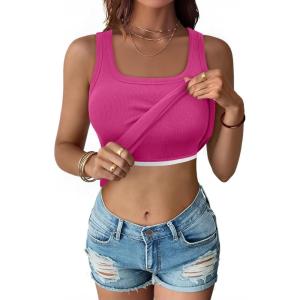 imageANRABESS Womens Tank Tops Built in Bra Summer Scoop Neck Sleeveless Basic Tee Ribbed Fitted Casual Shirts 2026 Trendy ClothesHot Pink