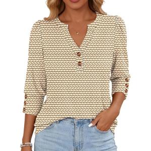 imageANRABESS Womens Tops 34 Sleeve Casual Henley Shirts V Neck Buttons Dressy Work Business Blouses 2026 Spring Trendy ClothesApricot Brown Floral