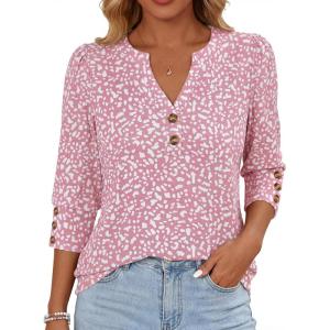 imageANRABESS Womens Tops 34 Sleeve Casual Henley Shirts V Neck Buttons Dressy Work Business Blouses 2026 Spring Trendy ClothesFloral Pink