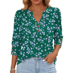 imageANRABESS Womens Tops 34 Sleeve Casual Henley Shirts V Neck Buttons Dressy Work Business Blouses 2026 Spring Trendy ClothesGreen Purple Floral