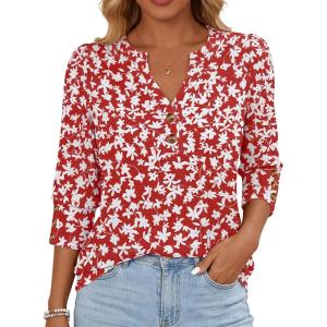 imageANRABESS Womens Tops 34 Sleeve Casual Henley Shirts V Neck Buttons Dressy Work Business Blouses 2026 Spring Trendy ClothesRed White Floral