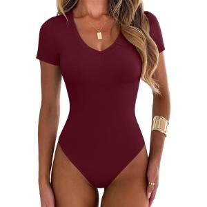 imageANRABESS Womens V Neck Bodysuits Short Sleeve Slim Fit Going Out Body Suit Tops 2026 Summer Outfits for Daily Work TravelWine Red