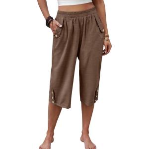 imageANRABESS Womens Wide Leg Capri Pants Elastic Waist Casual Loose Lounge Trousers 2026 Summer Flowy Beach Vacation ClothesBrown