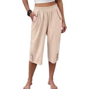 imageANRABESS Womens Wide Leg Capri Pants Elastic Waist Casual Loose Lounge Trousers 2026 Summer Flowy Beach Vacation ClothesParchment