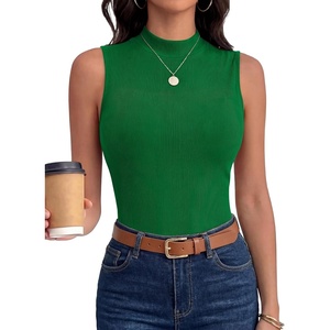image:imageANRABESS Mock Neck Tank Tops for Women Ribbed Knit Sleeveless Top Slim Fit 2026 Summer Casual Basic Layer ShirtsGreen
