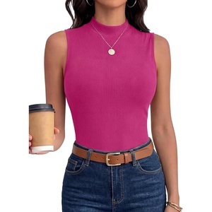 image:imageANRABESS Mock Neck Tank Tops for Women Ribbed Knit Sleeveless Top Slim Fit 2026 Summer Casual Basic Layer ShirtsHot Pink
