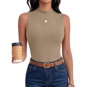 image:imageANRABESS Mock Neck Tank Tops for Women Ribbed Knit Sleeveless Top Slim Fit 2026 Summer Casual Basic Layer ShirtsLight Khaki