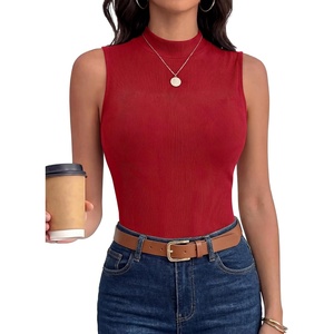 image:imageANRABESS Mock Neck Tank Tops for Women Ribbed Knit Sleeveless Top Slim Fit 2026 Summer Casual Basic Layer ShirtsRed