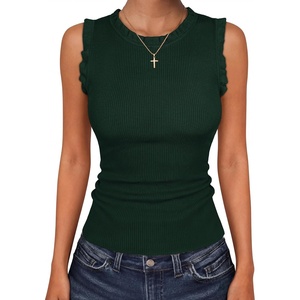 image:imageANRABESS Ribbed Tank Tops for Women Crew Neck Ruffle Sweater Vest Cute Sleeveless Shirts 2026 Summer Business Casual OutfitsDeep Green