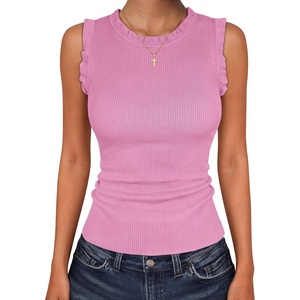 image:imageANRABESS Ribbed Tank Tops for Women Crew Neck Ruffle Sweater Vest Cute Sleeveless Shirts 2026 Summer Business Casual OutfitsPink