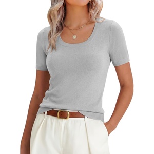 image:imageANRABESS Womens Short Sleeve Sweaters Wool Blend Summer Scoop Neck Casual Business Knit Shirts Slim Fit Work Tops OutfitsLight Grey