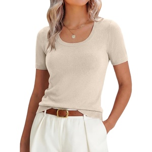 image:imageANRABESS Womens Short Sleeve Sweaters Wool Blend Summer Scoop Neck Casual Business Knit Shirts Slim Fit Work Tops OutfitsParchment