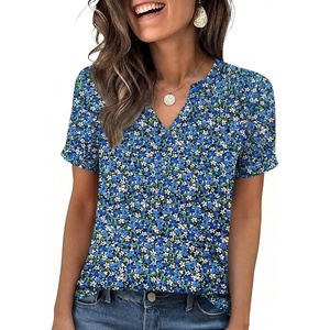 image:imageANRABESS Womens Short Sleeve V Neck Tops Summer Casual TShirts Blouses 2026 Spring Trendy Beach Vacation ClothesBlue White Green Floral