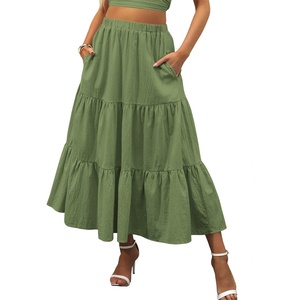 image:imageANRABESS Womens Summer Boho Flowy Swing Tiered ALine Maxi Skirt 2026 Fashion Trendy Elastic Waist Pleated Long Beach DressArmygreen
