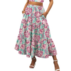 image:imageANRABESS Womens Summer Boho Flowy Swing Tiered ALine Maxi Skirt 2026 Fashion Trendy Elastic Waist Pleated Long Beach DressFloral 03
