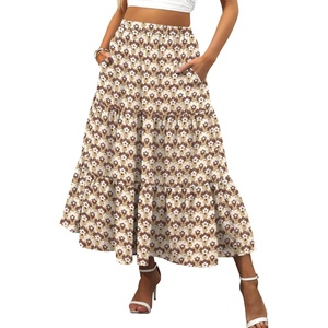 image:imageANRABESS Womens Summer Boho Flowy Swing Tiered ALine Maxi Skirt 2026 Fashion Trendy Elastic Waist Pleated Long Beach DressFloral Beige Brown