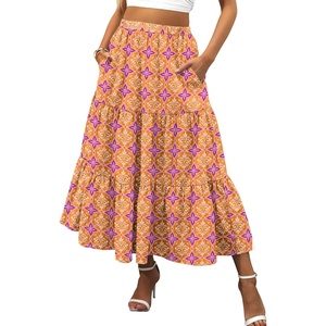 image:imageANRABESS Womens Summer Boho Flowy Swing Tiered ALine Maxi Skirt 2026 Fashion Trendy Elastic Waist Pleated Long Beach DressFloral Yellow Purple
