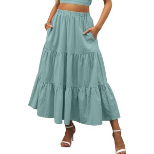 image:imageANRABESS Womens Summer Boho Flowy Swing Tiered ALine Maxi Skirt 2026 Fashion Trendy Elastic Waist Pleated Long Beach DressLake