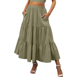 image:imageANRABESS Womens Summer Boho Flowy Swing Tiered ALine Maxi Skirt 2026 Fashion Trendy Elastic Waist Pleated Long Beach DressOlive
