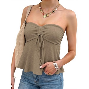 image:imageANRABESS Womens Tube Top Summer Strapless Tie Front Ruched Peplum Flared Hem Cute Bandeau Halter Tops 2026 Vacation OutfitsKhaki